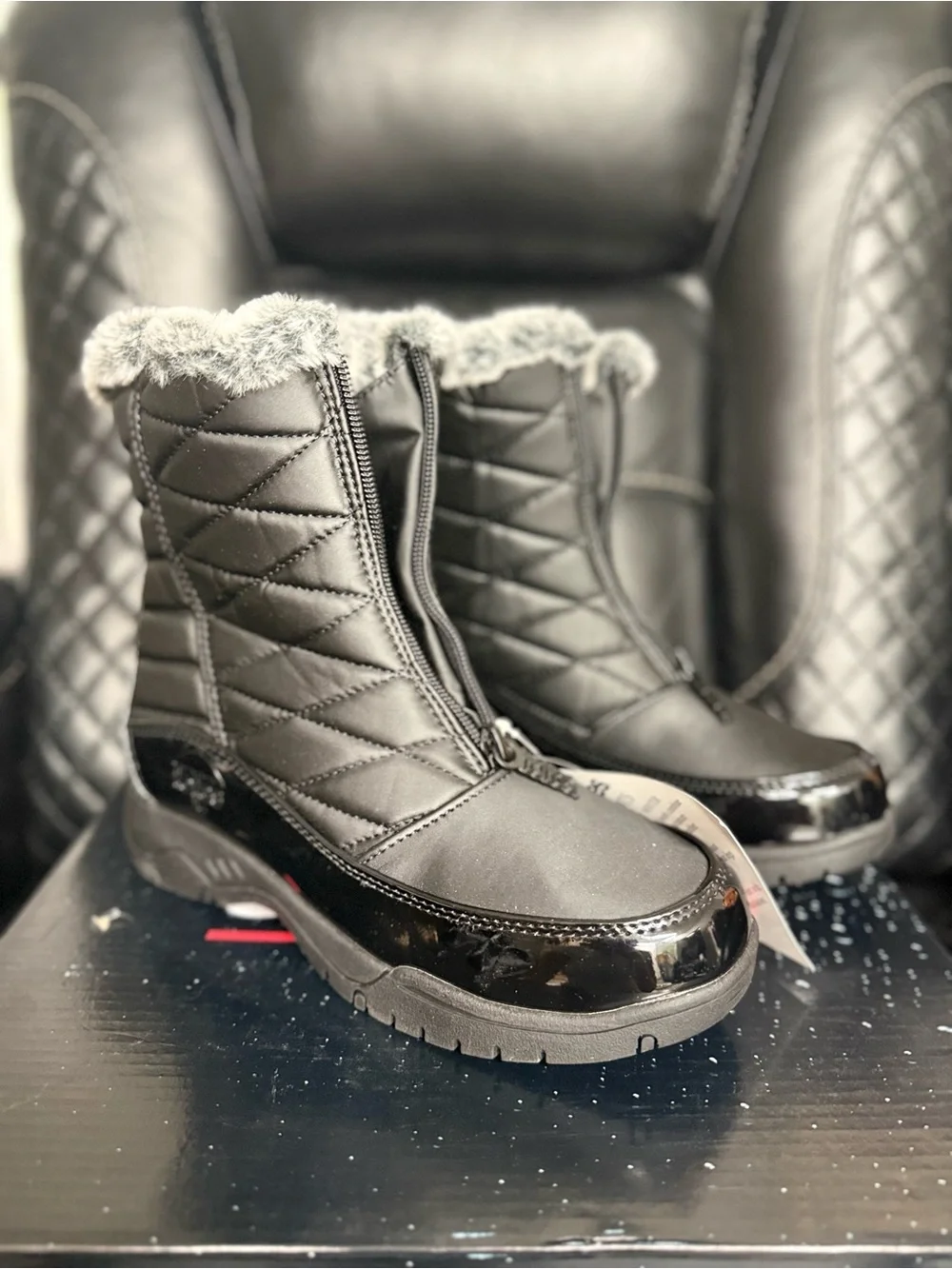 totes Black Quilted Winter Zip Boots with Faux Fur Collar
